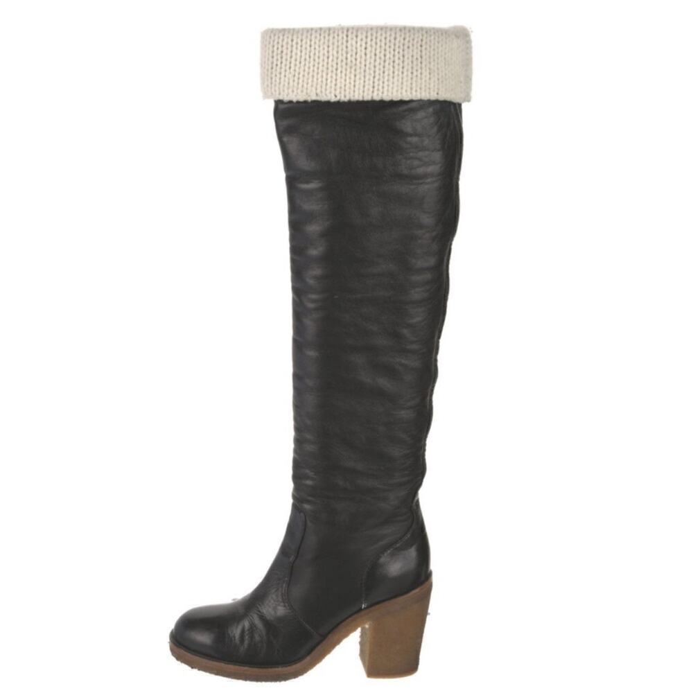 CHANEL TALL BLACK LEATHER AND WOOL RIDING BOOTS KNEE HIGH SIZE 6 AUTHENTIC